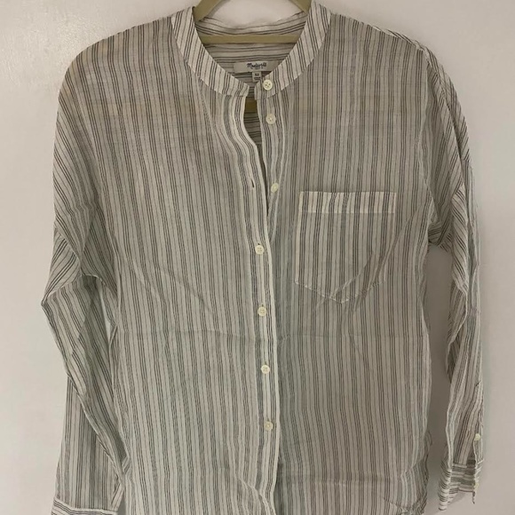 Madewell Collarless Sheer Stripe Button-down Silk Hi-Lo Shirt - Picture 1 of 5